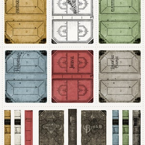 May include: Nine vintage book covers with different titles and designs. The covers are in various colors, including brown, green, red, blue, and white. The titles include "Photographs", "Quilter's Guide 1875", "Garden", "Household", "Journal", "Drawing Course", "Bible Journal", "Bible", and "Book".
