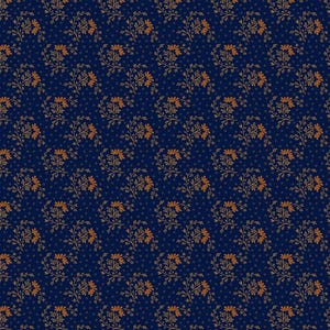 May include: A seamless pattern featuring a repeating design of small orange flowers with stems on a dark blue background.