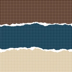 May include: Abstract digital art with a torn paper effect. The image features three horizontal sections: a brown checkered top, a dark blue center, and a tan checkered bottom. The edges are jagged.