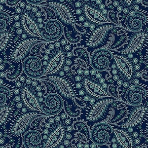 May include: A seamless pattern featuring a paisley design in shades of teal and blue on a dark blue background.
