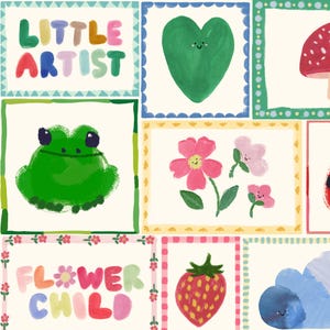 May include: A colourful illustration with a patchwork design featuring a green frog, a pink flower, a red strawberry, a blue cloud, a green heart, a mushroom, and the text "Little Artist" and "Flower Child".