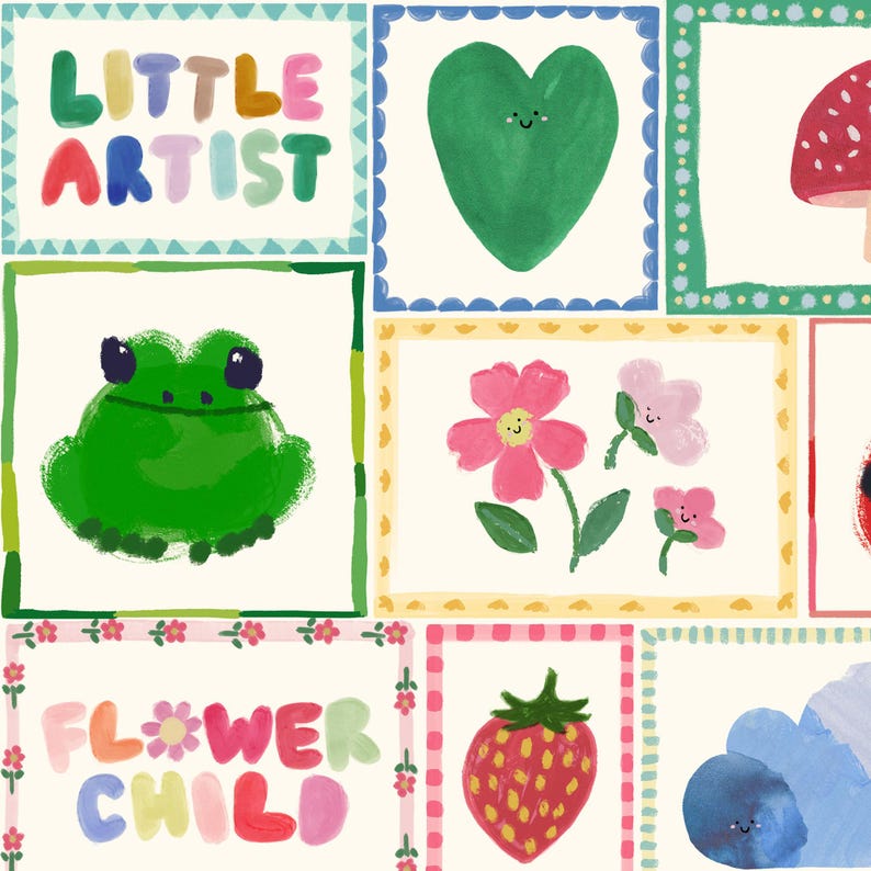 May include: A colorful illustration with a patchwork design featuring a green frog, a pink flower, a red strawberry, a blue cloud, a green heart, a mushroom, and the text "Little Artist" and "Flower Child".