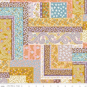 May include: A patchwork fabric design featuring a variety of floral and paisley patterns in shades of gold, purple, pink, and blue. The design includes floral borders and small flower clusters, creating a vintage aesthetic.