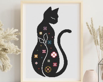 Black Cat & Sakura Flower Cross Stitch Pattern: Kawaii Embroidery (PDF)