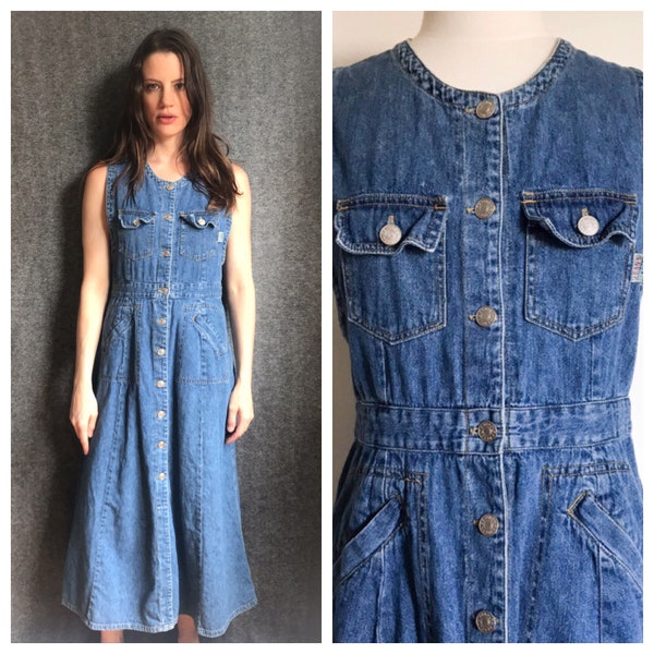 Vintage Dress. Revolt Clothing Co. Medium Wash Sleeveless Mid-calf Denim Outfit. Retro Boho Hippie Girl Daytime Fashion. Size Medium