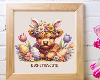Easter Highland Cow Cross Stitch Pattern: Spring Farmhouse PDF (Digital Download)