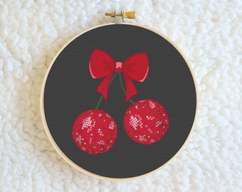 Disco Cherries Cross Stitch Pattern Disco Ball Embroidery Pattern Small Cross Stitch Pattern Trendy Embroidery Designs Retro Cross Stitch