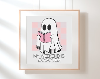 Bookish Ghost Cross Stitch Pattern: Retro Halloween Design (PDF)