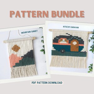May include: A digital download pattern bundle for two macrame wall hangings. The first pattern is called "Mountain Sunset" and features a sunset scene with a peach, orange, and green color scheme. The second pattern is called "Kitsch Caravan" and features a teal and brown caravan with a white roof.