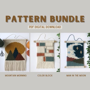 Op de afbeelding: Een digitaal downloadpakket met patronen voor drie macramé wandkleden. De patronen zijn getiteld "Mountain Morning", "Color Block" en "Man in the Moon".