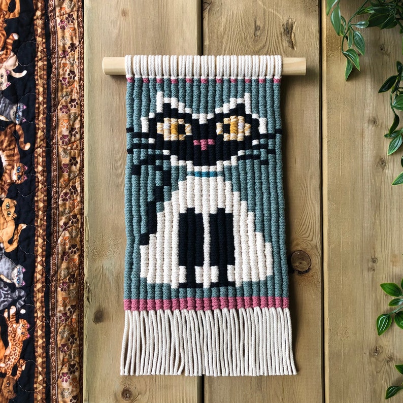 Small Macrame Pattern, Macrame Tapestry PDF, Small Wall Hanging, Pixel Macrame Tutorial, Macrame Cat Pattern, Cat Home Decor, Cute Crafts image 2