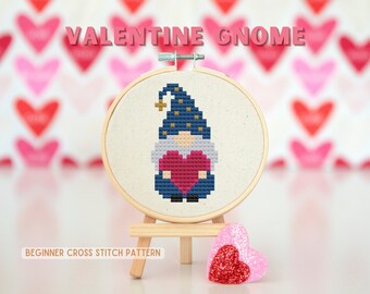 Valentine Gnome Cross Stitch Pattern, Simple Counted Cross Stitch PDF, Beginner Needlework Project, Cute Valentine Gifts, Handmade Gnome Art