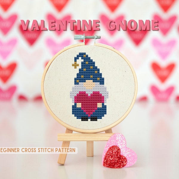 Valentine Gnome Cross Stitch Pattern, Simple Counted Cross Stitch PDF, Beginner Needlework Project, Cute Valentine Gifts, Handmade Gnome Art