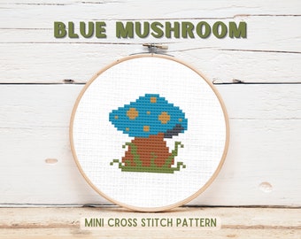 Mushroom Cross Stitch Pattern, Mini Counted Cross Stitch PDF, Blue Mushroom Easy Craft, Handmade Blue Mushroom, Beginner Needlework How To