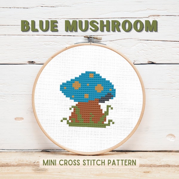 Mushroom Cross Stitch Pattern, Mini Counted Cross Stitch PDF, Blue Mushroom Easy Craft, Handmade Blue Mushroom, Beginner Needlework How To