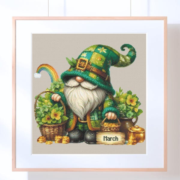 St. Patrick's Day Gnome Cross Stitch Pattern: March Needlepoint (PDF)
