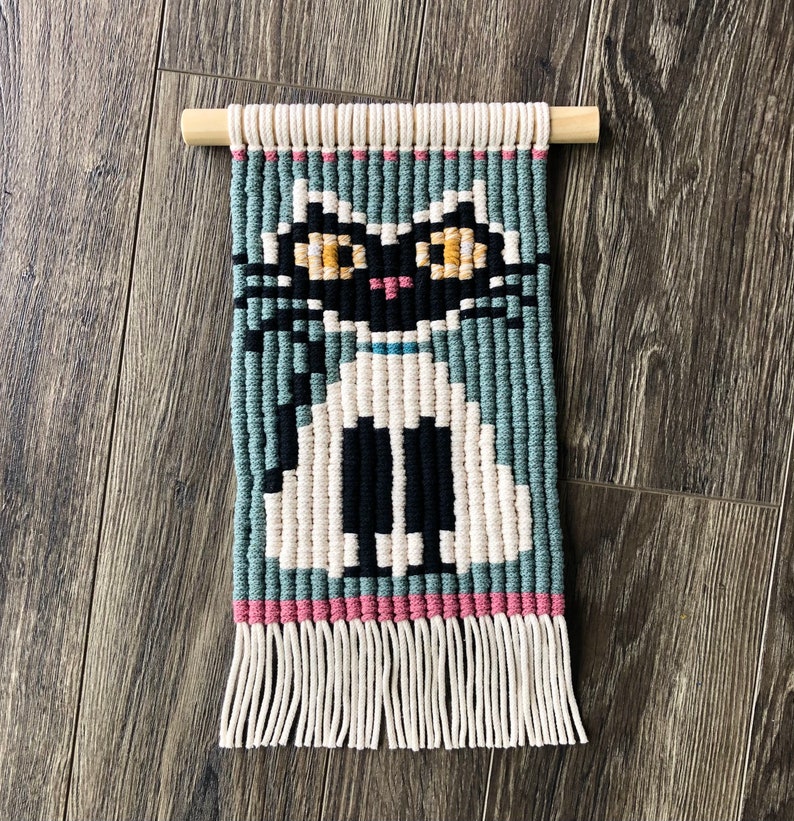 Small Macrame Pattern, Macrame Tapestry PDF, Small Wall Hanging, Pixel Macrame Tutorial, Macrame Cat Pattern, Cat Home Decor, Cute Crafts image 9