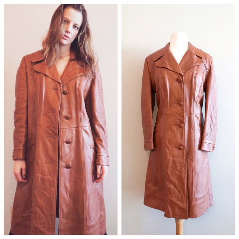 Vintage Leather. 1970's Burnt Orange Button Up Below Knee image 1