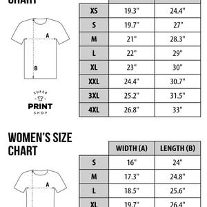 May include: Unisex and women's t-shirt size chart with measurements in inches for width and length. The chart shows sizes XS to 4XL for unisex and S to XXL for women's.