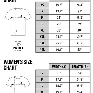 May include: Unisex and women's size chart for t-shirts. The chart shows the width and length measurements in inches for different sizes, from XS to 4XL.