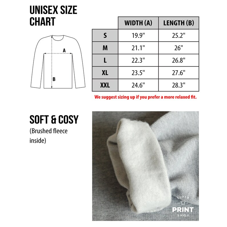 May include: Unisex size chart for a sweatshirt with brushed fleece inside. The chart shows sizes S through XXL with corresponding width and length measurements in inches.
