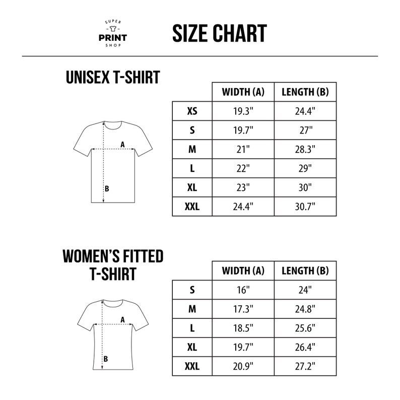 Puede incluir: Tabla de tallas para camisetas unisex y camisetas ajustadas para mujer. La tabla muestra las medidas de ancho y largo en pulgadas para cada talla: XS, S, M, L, XL y XXL.