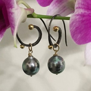 Cultured Tahitian Pearl Earrings, Oxidized Earrings, Tahitian Pearls