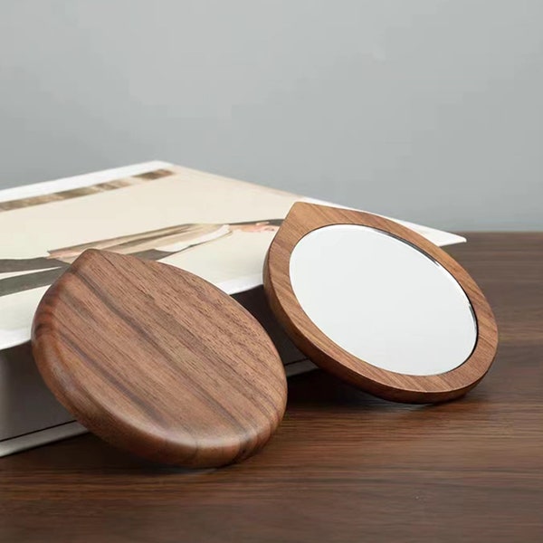 Personalized Handheld Wooden Mirror, Custom Heart Shaped Walnut Mirror, Handmade Mini Mirror, Customize Creative Gift, Compact Wooden Mirror