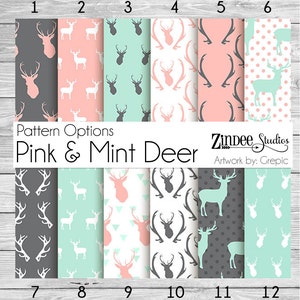 May include: Twelve digital paper designs featuring pink and mint deer silhouettes on various backgrounds, including polka dots, antlers, and geometric patterns. The text "Pattern Options Pink & Mint Deer" and "Zindee Studios Artwork by: Grepic" is included.