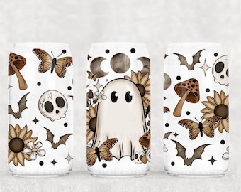 Spooky Cottagecore Ghost UV DTF Glass Can Wrap - Waterproof - Easy and Ready to Apply - NO Heat needed