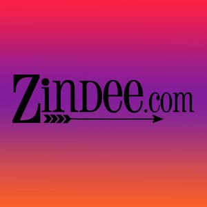 May include: Black and white logo with the text "Zindee.com" and an arrow pointing to the right. The logo is on a gradient background that transitions from pink to purple.