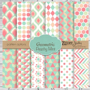 May include: Twelve digital paper patterns in peach, mint green, and white with geometric designs. The patterns are labeled 1 through 12. The title "Geometric Peachy Mint" is displayed above the patterns.
