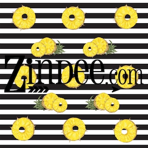 May include: Black and white striped background with yellow pineapple slices. The text "ZinDee.com" is in the center of the image.