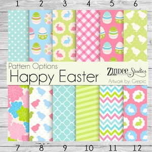 May include: Twelve different digital paper patterns for Easter, featuring a variety of designs including polka dots, gingham, eggs, bunnies, birds, and geometric patterns. The patterns are in shades of pink, blue, green, and white.
