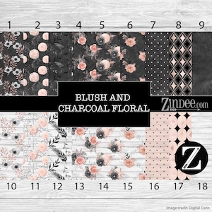 May include: A digital paper pack with 18 different patterns featuring blush pink and charcoal floral designs. The patterns include polka dots, geometric shapes, and floral arrangements.