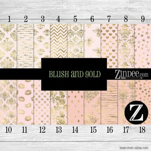 May include: A set of 18 digital paper designs in blush pink and gold featuring various patterns, including damask, chevron, stars, hearts, and bees. The text "BLUSH AND GOLD" and "Zindee.com" are visible on the image.