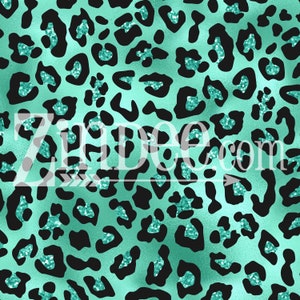 May include: A seamless pattern featuring a teal blue and black leopard print with a glittery texture.