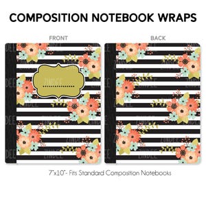 Composition Notebook Wrap- Black White Stripe Floral Coral