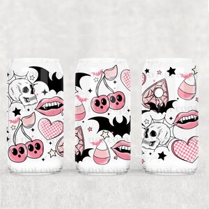 Pink Spooky Doodles UV DTF Glass Can Wrap - Waterproof - Easy and Ready to Apply - NO Heat needed