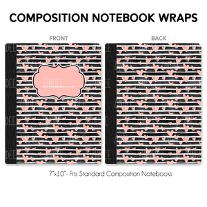 May include: Composition notebook wraps with a black and white striped pattern and pink hearts. The front cover has a pink label with the name "Zindee". The notebook wraps are 7" x 10" and fit standard composition notebooks.