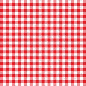 May include: A repeating fabric pattern featuring a classic red and white gingham check design. The textile displays a consistent grid of alternating solid red squares and white squares, creating a balanced and uniform checkered visual effect.