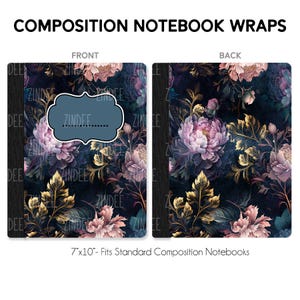May include: Composition notebook wraps with a floral design. The front cover features a dark background with pink and gold flowers, and a blue label with the text "ZINDEE". The back cover has a similar floral pattern. The notebook measures 7" x 10".