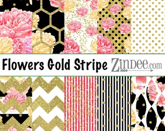 Flowers Gold Stripe Pattern Vinyl HEAT TRANSFER or ADHESIVE, Printed Vinyl Printed HTv