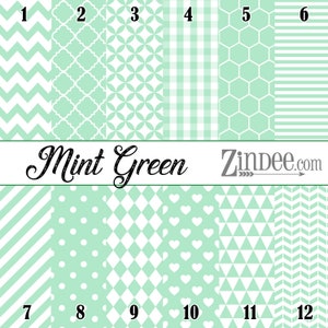 May include: Twelve different mint green and white patterned digital paper designs. The patterns include chevron, geometric, polka dot, gingham, honeycomb, stripes, diamond, and hearts.