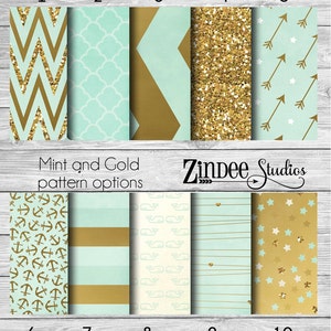 May include: Ten digital paper patterns in mint green and gold. The patterns include chevron, trellis, stripes, anchors, whales, stars, and arrows.