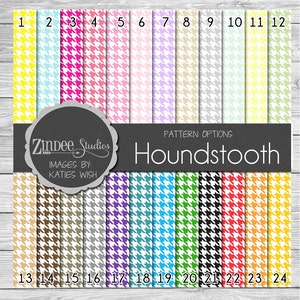 May include: A set of 24 digital paper patterns featuring houndstooth designs in various colors, including yellow, blue, pink, red, green, purple, brown, and gray. The patterns are numbered 1 through 24. The text "Houndstooth" and "Pattern Options" is displayed at the top of the image. The text "Zindee Studios" and "Images by: Katies Wish" is displayed at the bottom of the image.