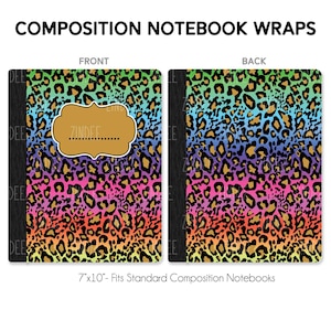 May include: Composition notebook wraps with a colorful leopard print design. The front cover features a gold label with the name "ZINDEE". The notebook wraps are 7" x 10" and fit standard composition notebooks.