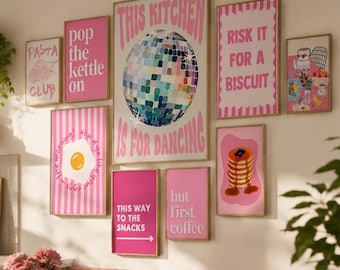 Pink Kitchen Prints, Dining Room Poster, Modern Art, Pink Gallery Wall Art, Retro Food Print, Gift, Funny, Maximalist Dopamine Decor