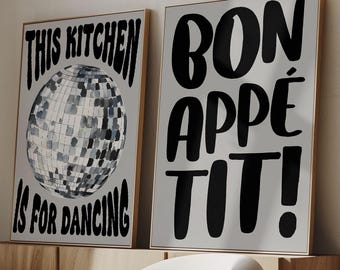 This Kitchen Is For Dancing Print Set Of 2 Black Grey, Disco Ball, Retro Poster, Trendy Poster Wall Art, Kitchen Prints, Kitchen Decor