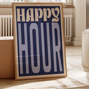Happy Hour Poster, Bar Art, Cocktails Print, Aesthetic Trendy Wall Decor, Blue Retro Wall Art, Kitchen Print Home Decor 2568